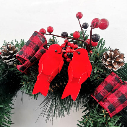 40cm Christmas Wreath Pine Green Garland Red Pinecone Berry Birds Bow Door D???cor