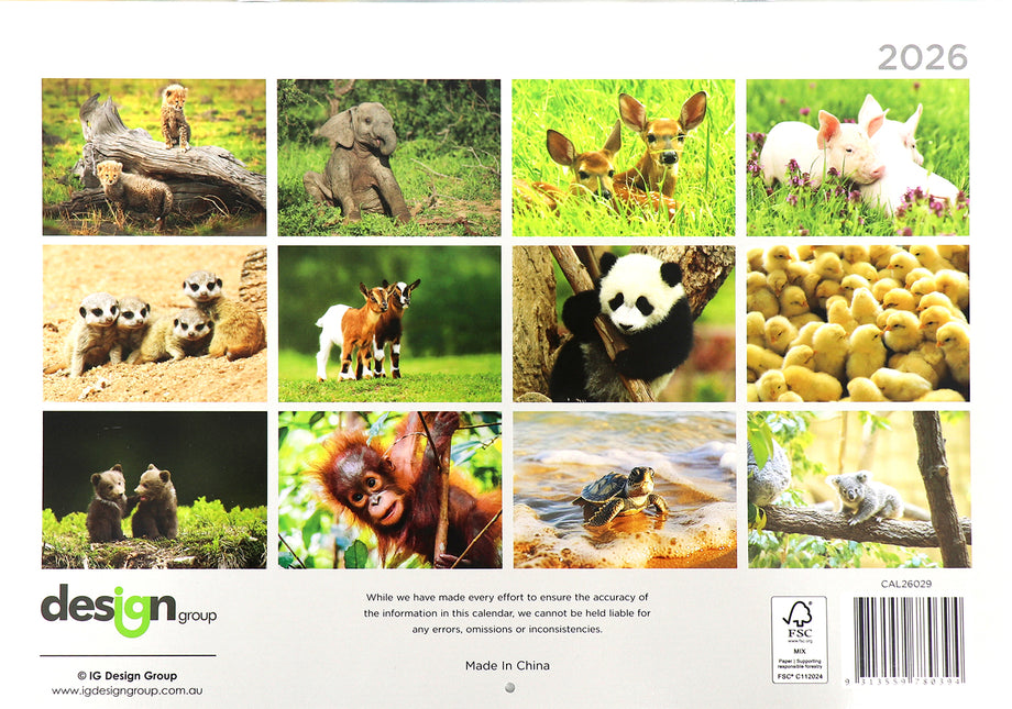 Baby Animals - 2026 Rectangle Wall Calendar 16 Months Hanging Planner New Year
