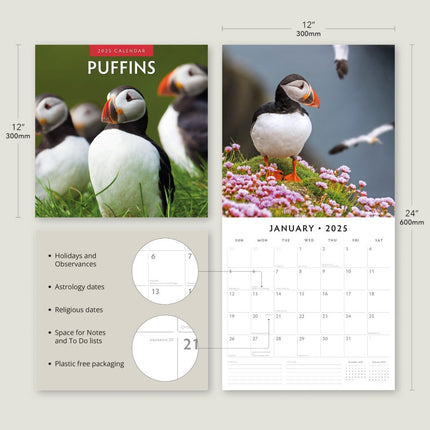 Puffins 2025 Square Wall Calendar Animals 16 Month Premium New Year Planner Gift