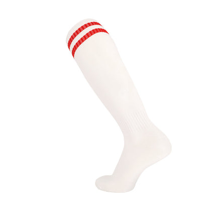 White Knee High Socks with Red Stripes - Mens Womens Sports Socks for Soccer, Basketball & Gym