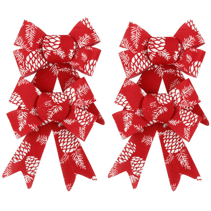 2-6x Christmas Red Bow w Glitter Pine Cone Prints Knot Door Wreath Xmas D???cor