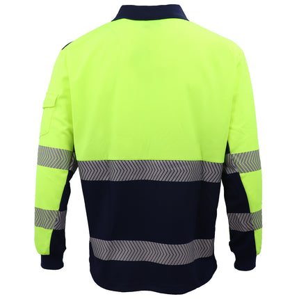 HI VIS Long Sleeve Polo Shirt Reflective Tape Safety Tradie Work Wear Tops Tee - Fluro Yellow / Navy