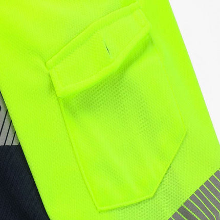 HI VIS Long Sleeve Polo Shirt Reflective Tape Safety Tradie Work Wear Tops Tee - Fluro Yellow / Navy