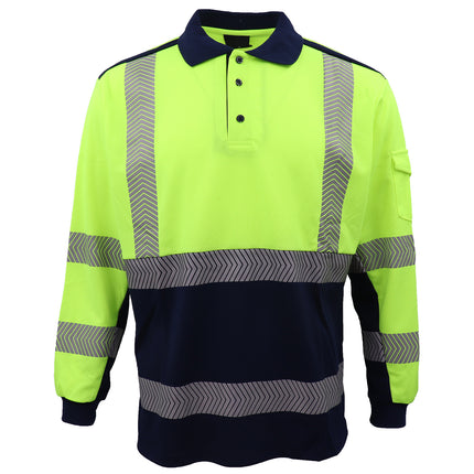 HI VIS Long Sleeve Polo Shirt Reflective Tape Safety Tradie Work Wear Tops Tee - Fluro Yellow / Navy