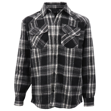 Mens 100% Cotton Long Sleeve Flannelette Shirt Check Flannel Polar Fleece Jacket - Black