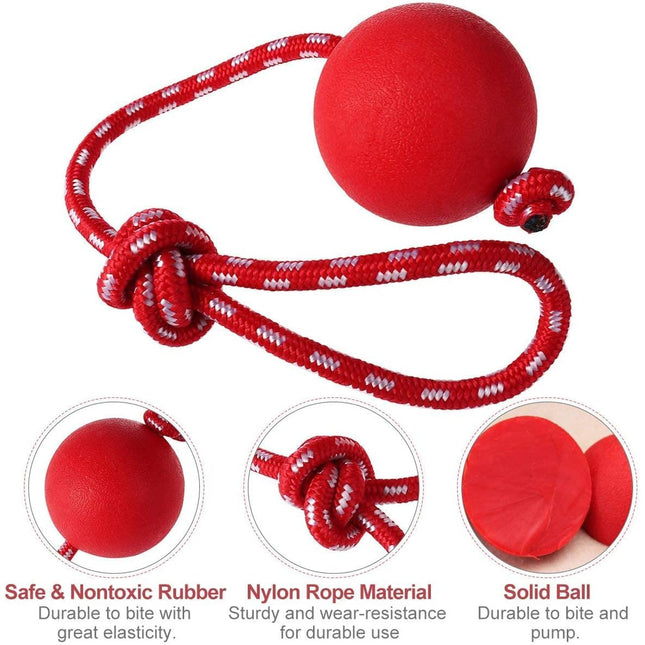 Red Rubber Dog Ball w Rope Heavy Duty Throw Tug Pull Tough Chew Training Pet Toy