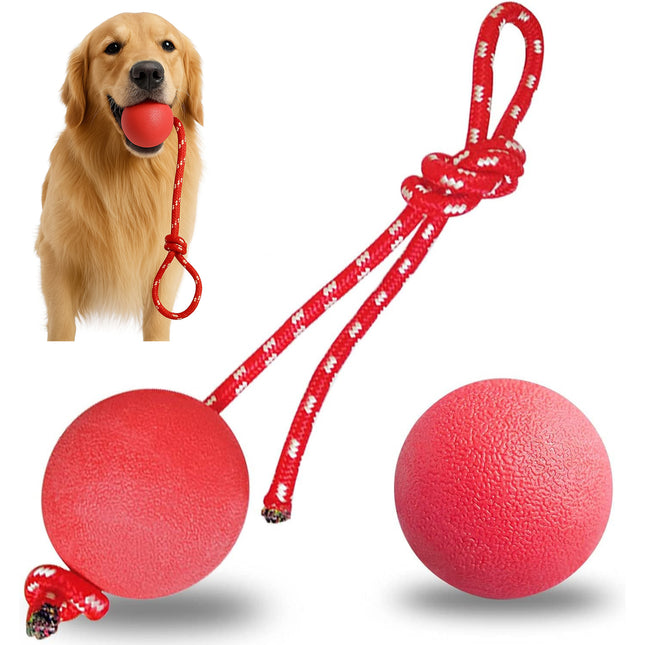 Red Rubber Dog Ball w Rope Heavy Duty Throw Tug Pull Tough Chew Training Pet Toy