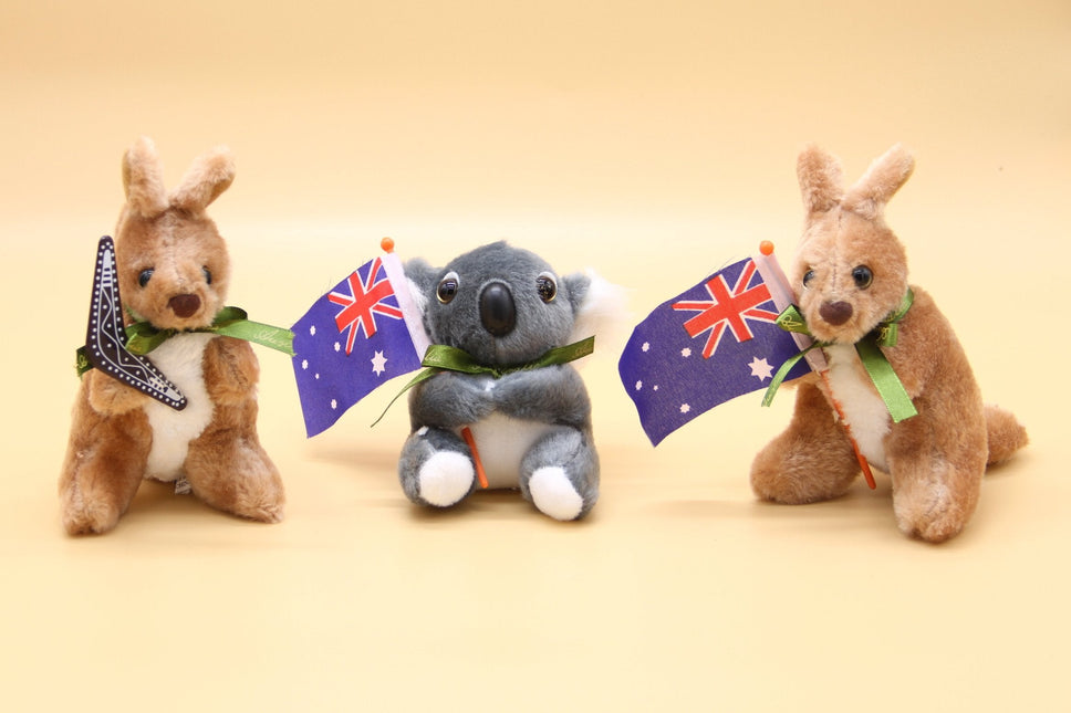 3x Australian Souvenir Soft Plush Toy Koala Kangaroo Australia Animals w Flag - Zmart Australia