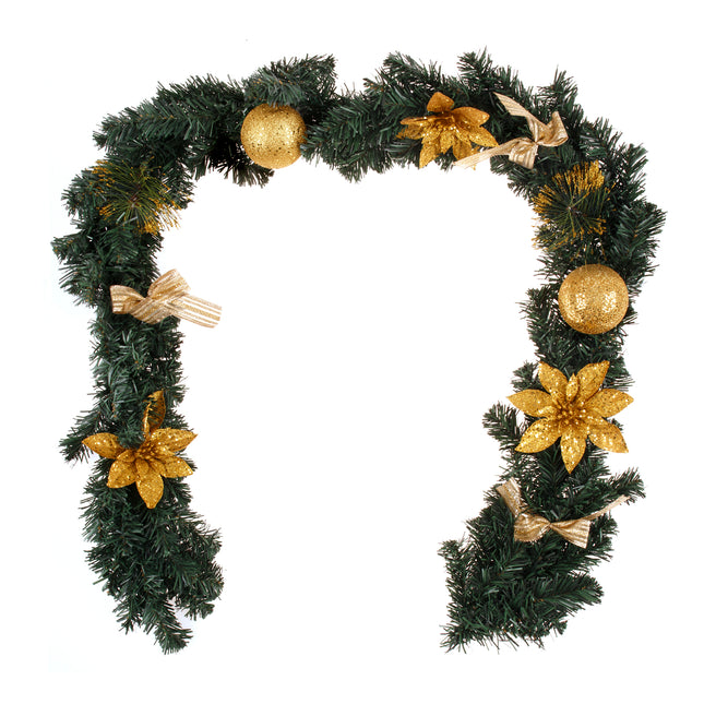 1.8m/6ft Christmas Pine Green Garland Gold Balls Flower Bows Xmas Hanging D???cor