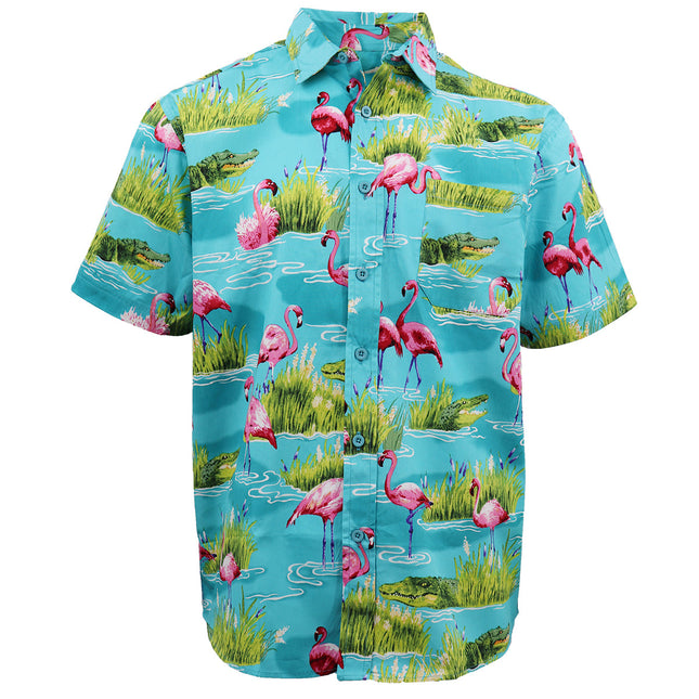 100% Cotton Adults Hawaiian Beach Shirt Summer Casual Tee - Flamingo And Croc