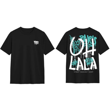 100% Cotton Bonjour Paris "Oh La La" T-Shirt Eiffel Tower France Street Tops Tee - Black