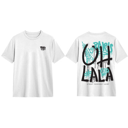 100% Cotton Bonjour Paris "Oh La La" T-Shirt Eiffel Tower France Street Tops Tee - White