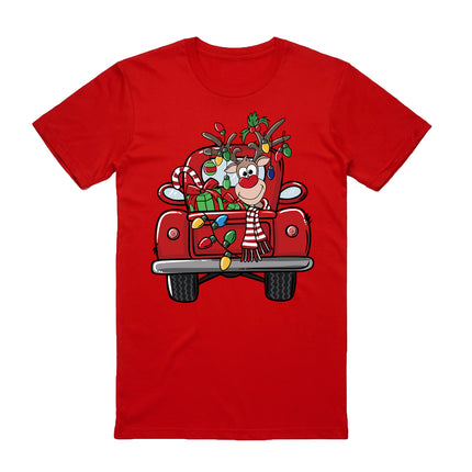 100% Cotton Christmas T-shirt Adult Unisex Tee Tops - Car with Reindeer - Red