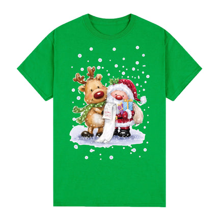 100% Cotton Christmas T-shirt Adult Unisex Tee Tops - Reading Santa - Green