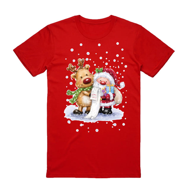 100% Cotton Christmas T-shirt Adult Unisex Tee Tops - Reading Santa - Red