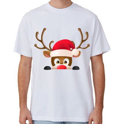 100% Cotton Christmas T-shirt Adult Unisex Tee Tops - Reindeer Head - White