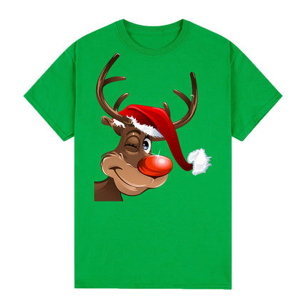 100% Cotton Christmas T-shirt Adult Unisex Tee Tops - Reindeer Wink - Green