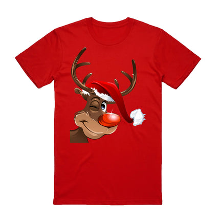 100% Cotton Christmas T-shirt Adult Unisex Tee Tops - Reindeer Wink - Red