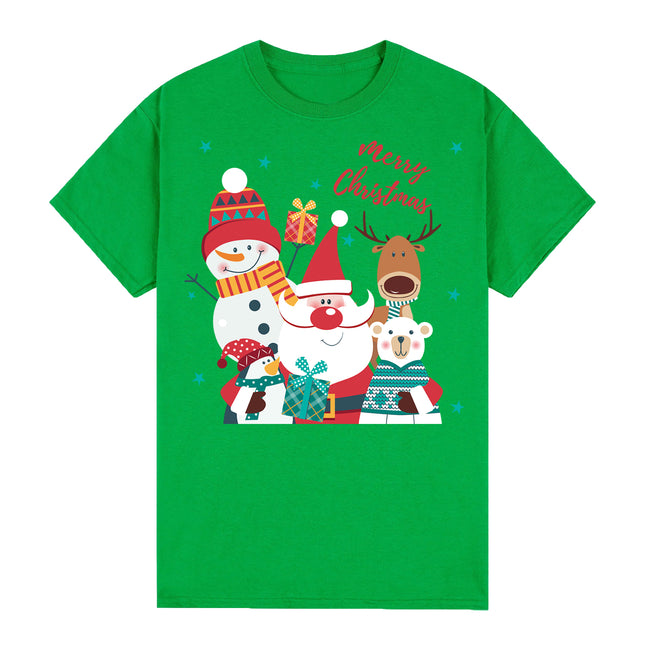 100% Cotton Christmas T-shirt Adult Unisex Tee Tops - Santa Gathering - Green