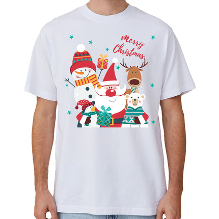 100% Cotton Christmas T-shirt Adult Unisex Tee Tops - Santa Gathering - White