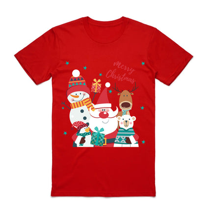 100% Cotton Christmas T-shirt Adult Unisex Tee Tops - Santa Gathering - Red