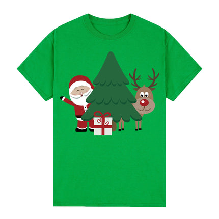 100% Cotton Christmas T-shirt Adult Unisex Tee Tops - Santa with Tree - Green