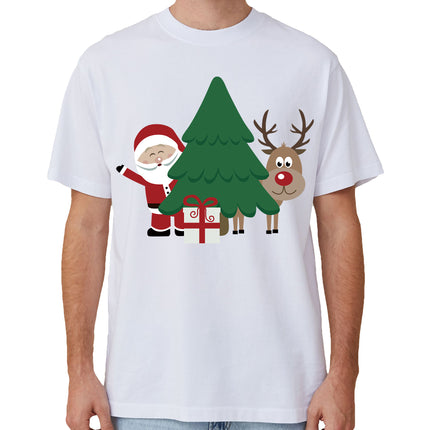 100% Cotton Christmas T-shirt Adult Unisex Tee Tops - Santa with Tree - White