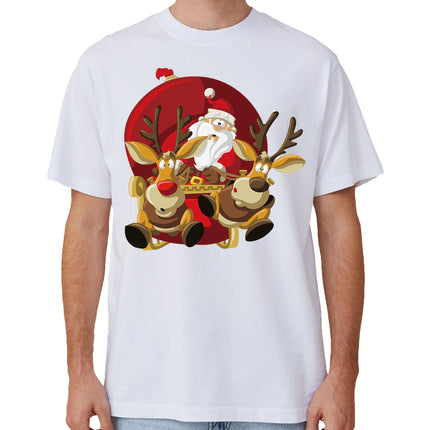 100% Cotton Christmas T-shirt Adult Unisex Tee Tops - Santas Sleigh - White