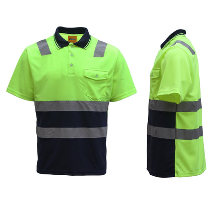 HI VIS Short Sleeve Workwear Shirt w Reflective Tape Cool Dry Safety Polo 2 Tone - Fluoro Yellow / Navy