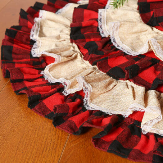 116cm Christmas Ruffle Burlap Tree Skirt w Lace Red Black Buffalo Check Decor - Zmart Australia