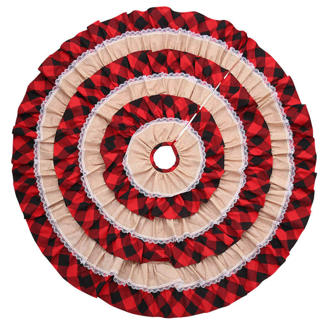 116cm Christmas Ruffle Burlap Tree Skirt w Lace Red Black Buffalo Check Decor - Zmart Australia