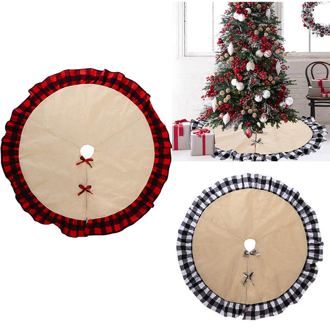 120cm Christmas Burlap Tree Skirt Map Black Red Plaid Buffalo Ruffle Home Decor - Zmart Australia