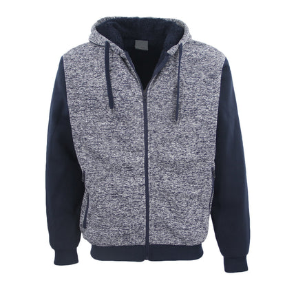 Men's Women's Thick Two Tone Sherpa Fur Fleece Zip Up Hoodie Jacket Coat Sweater - Navy