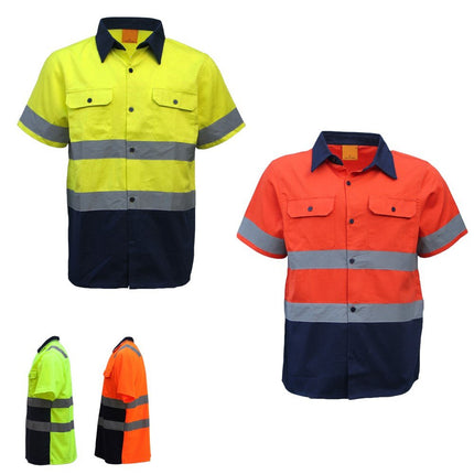 new-100-cotton-hi-vis-safety-short-sleeve-drill-shirt-workwear-w-reflective-tap