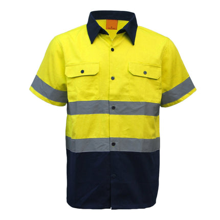 New 100% Cotton HI VIS Safety Short Sleeve Drill Shirt Workwear w Reflective Tap - Yellow