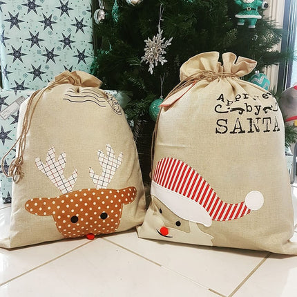 Christmas Canvas Hessian Santa Reindeer Sack Xmas Stocking Kids Gift Bag Storage - Zmart Australia