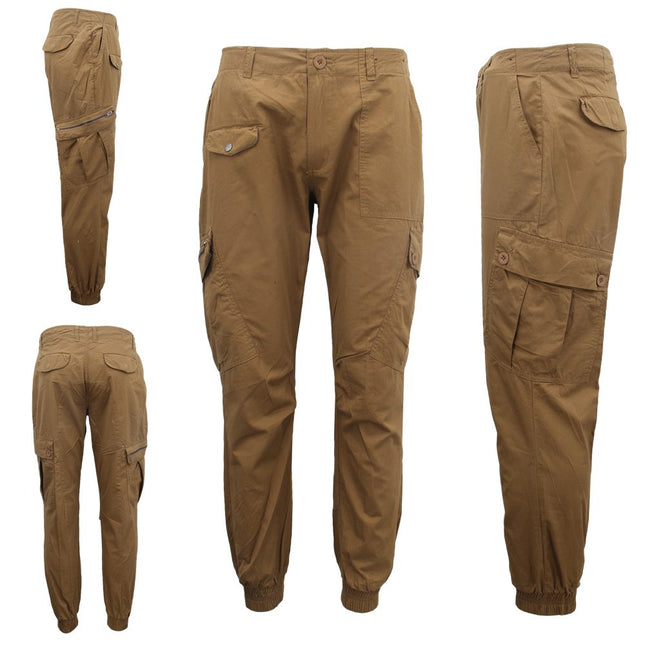 Men's Heavy Duty Cotton Drill 8 Pockets Tactical Work Cargo Pants w Elastic Hem - Brown
