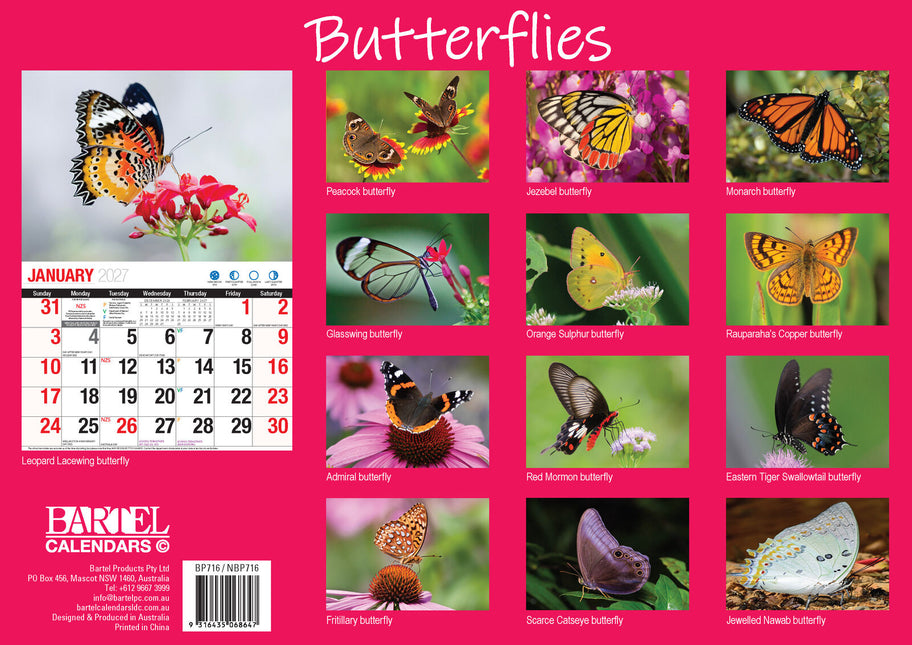Butterflies - 2027 Rectangle Wall Calendar 16 Months Colorful Butterfly Photos image 2