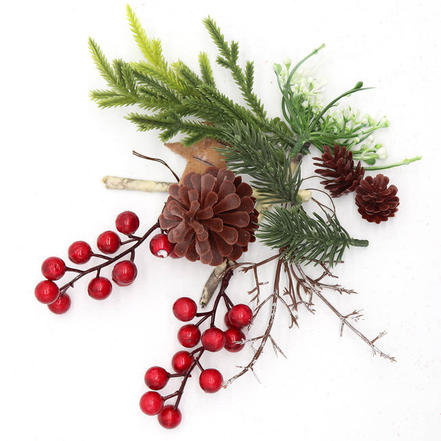 2x 16cm Christmas Artificial Red White Berry Floral Pick Leaves Pine Cones Decor - Zmart Australia