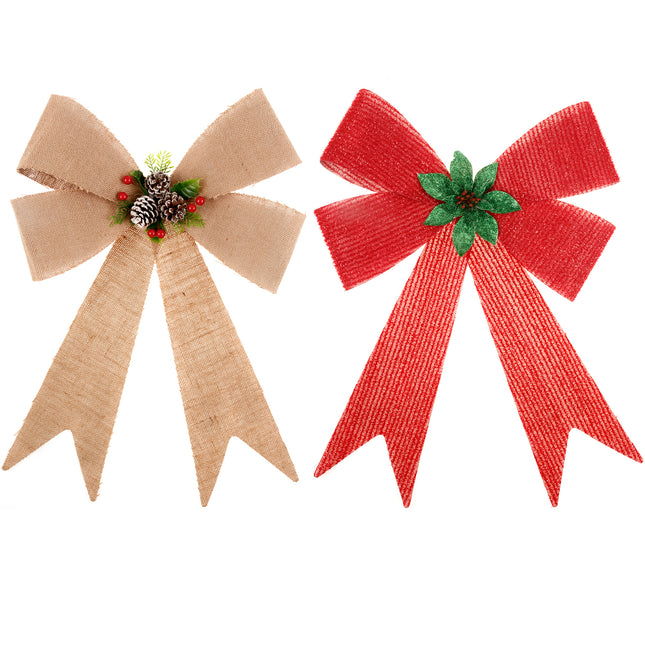 2x Large 56cm Christmas Bow Set Hessian Knot Door Window Wreath Xmas Decoration