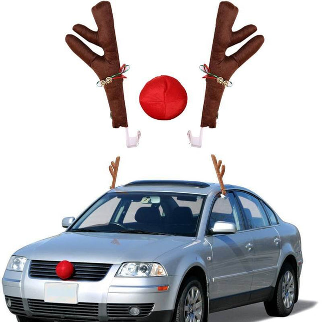 3PCS Christmas Car Truck Van Costume Brown Reindeer Antlers Red Nose Xmas Decor - Zmart Australia