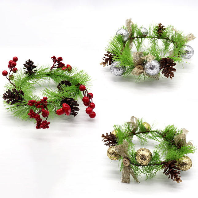 3x 14cm Christmas Red Berry Candle Wreath Glitter Balls Pine Cones Table D???cor