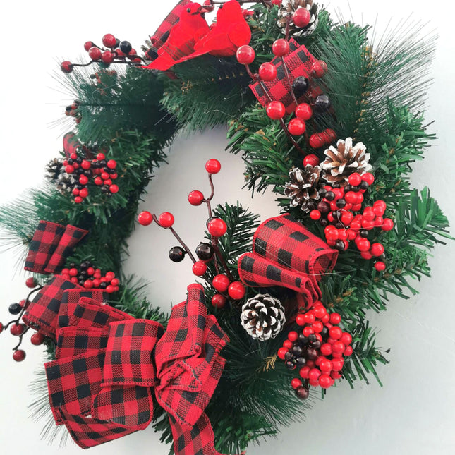 40cm Christmas Wreath Pine Green Garland Red Pinecone Berry Birds Bow Door D???cor