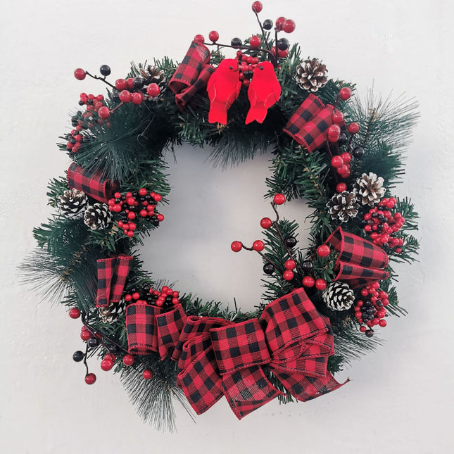 40cm Christmas Wreath Pine Green Garland Red Pinecone Berry Birds Bow Door D???cor