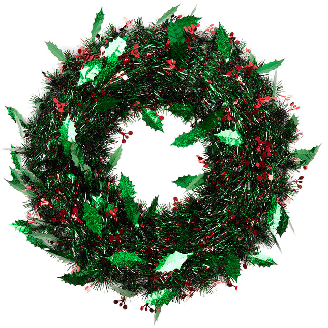 45cm Large Christmas Wreath w Green Holly Leaves Red Berries Xmas D???cor Ornament