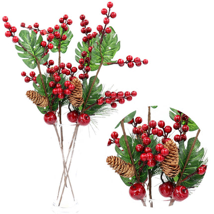 4x 50cm Christmas Artificial Flowers Berry Dewy Apple Pine Cones Leaves Branch - Zmart Australia