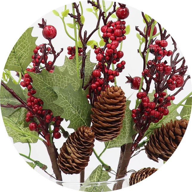 4x52cm Christmas Artificial Flower Holly Red Berry Pine Cone Green Leaves Branch - Zmart Australia