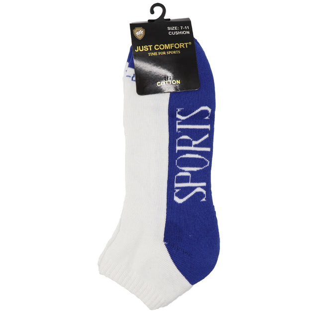 6 Pairs Premium Fine Cotton Sports Socks Low Cut White Two-Tone Comfort Gym Work - Blue/White