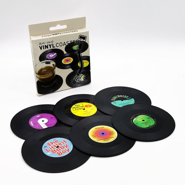 6x Creative Vinyl Record Cup Coasters w Holder Glass Drink Tableware Home Decor - Zmart Australia