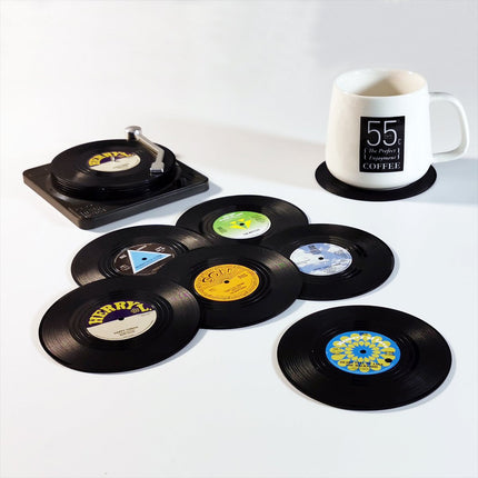 6x Creative Vinyl Record Cup Coasters w Holder Glass Drink Tableware Home Decor - Zmart Australia